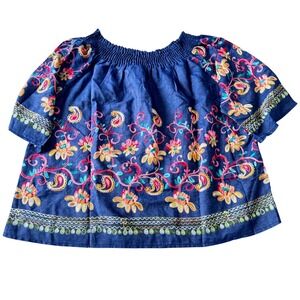 Oso Casuals Embroidered Denim Peasant Top Womens 3X Blue Boho Floral Smocked
